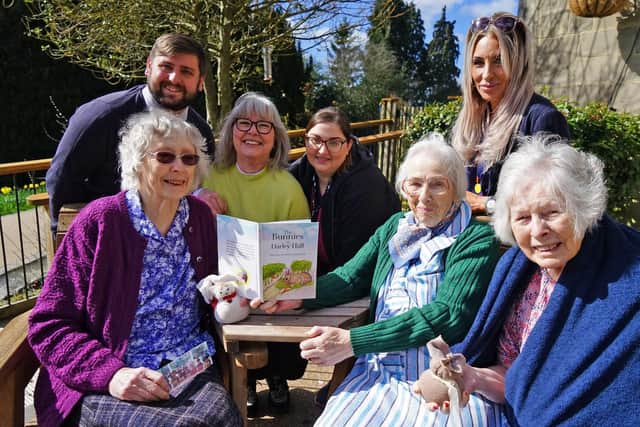 Front row from left, Darley Hall residents Noreen Taylor, Audrey Booth and Audrey Know; back row, artist Annie Howe, second left, with care home staff Adam Hodgson, Kayliegh Jones and Claire Betts.