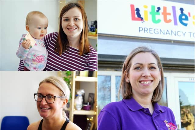 Charlotte and Libby Richardson (top left); Victoria Elliott (bottom left); and Beck Allison, owner of Moo Music Chesterfield (right) at Little Hubs on Derby Road