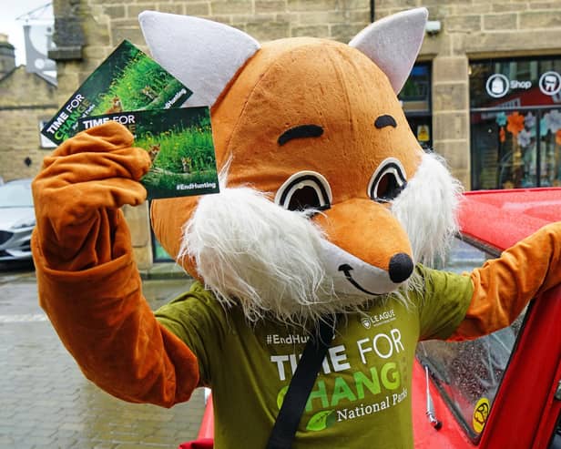 National animal welfare charity the League Against Cruel Sports make a special delivery of more than 10,000 campaign postcards to the Peak District National Park Authority calling for an end to fox or ‘trail’ hunting on its land. Seen outside Bakewell Peak district national park visitors centre