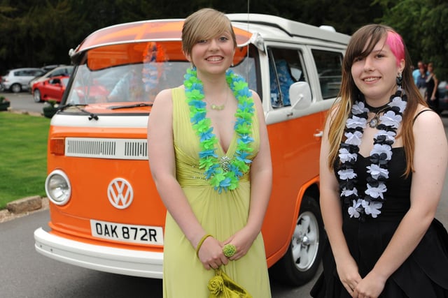 Clowne Heritage High School Prom 2011.  Pictured is Megan Bagnall, 16 and Harriet Capps, 16, arrived in a VW camper van  (w110629-6j)