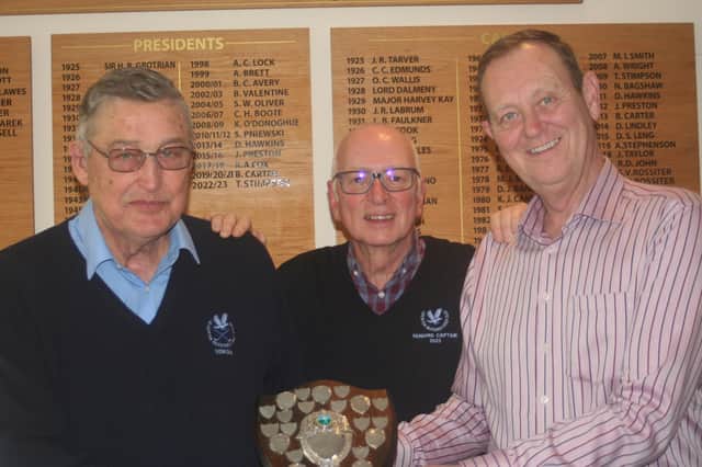 Kevin O’Donoghue (left) and Peter Sheridan (right) teamed up to win Leighton Seniors’ fourball betterball competition, collecting the trophy from the team they beat 6-4 in the final, Seniors Captain Paul Bishop (centre) and colleague Keith Griffiths.