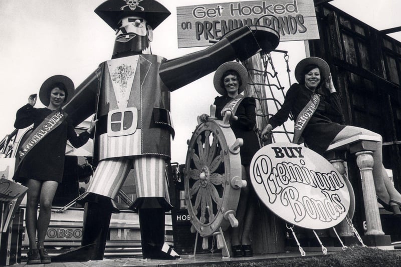 The Sheffield Savings Committee float in the 1973 Lord Mayor's parade with Marie Batty, Barbara Kerfoot and Janet Rodgers