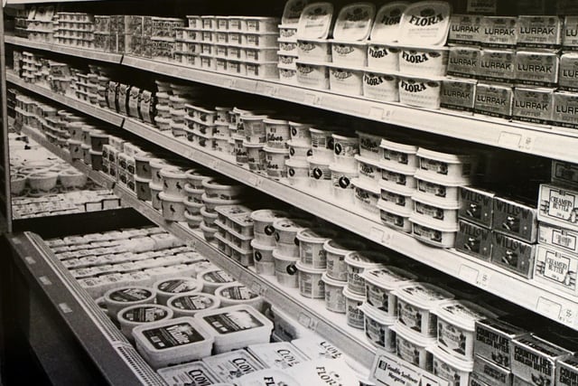 Shelves of butter at the Co-op food hall in 1991.