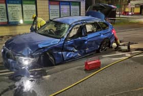 Damage to the BMW after the crash in Staveley last night. Image: Derbyshire RPU.