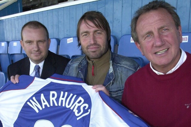 Chesterfield FC new signing Paul Warhurst pictured at Saltergate, with Dean Newman(left) and manager Roy McFarland on 16 October  2003