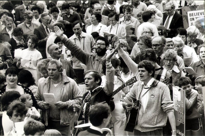 Crowds support the Whit Sings outside Chesterfield Town Hall in 1985.