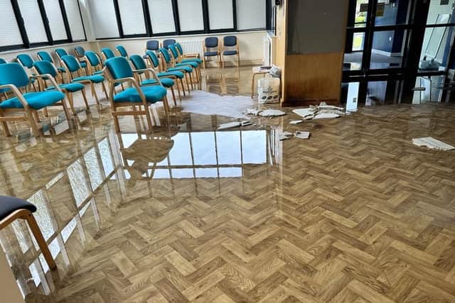 Hannage Brook GP practice in Wirksworth was flooded early on Monday morning, putting several consulting rooms out of action, bringing down the ceiling in the waiting area and other rooms, and causing the electricity and IT equipment to stop working.