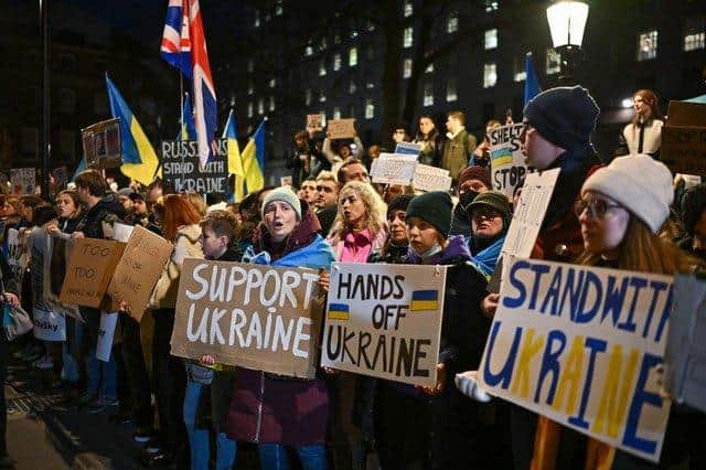 People demonstrated in support of Ukraine outside of Downing Street in London last week. Picture by Jeff J Mitchell/Getty Images.