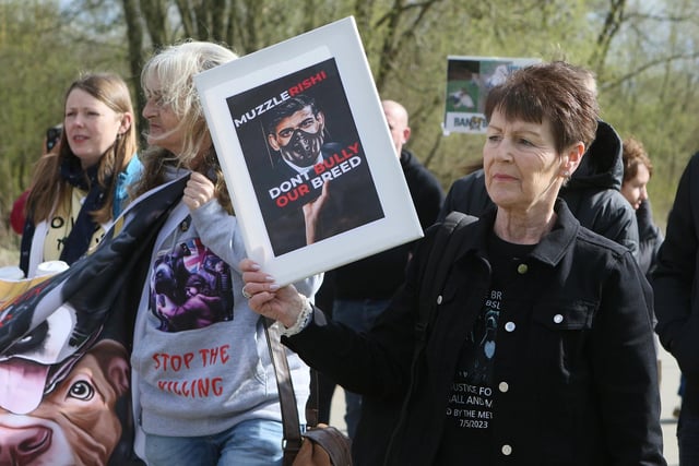Posters indicated the campaigners' views on Prime Minister Rishi Sunak banning the XL Bully dog breed.