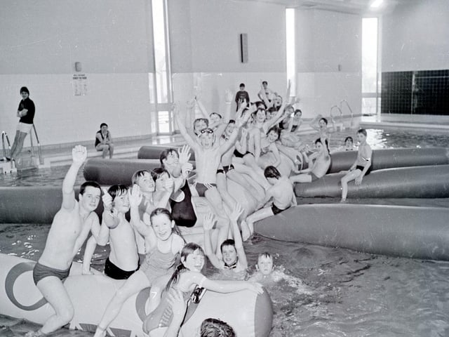 Ripley leisure centre new inflatable float, April, 1983.