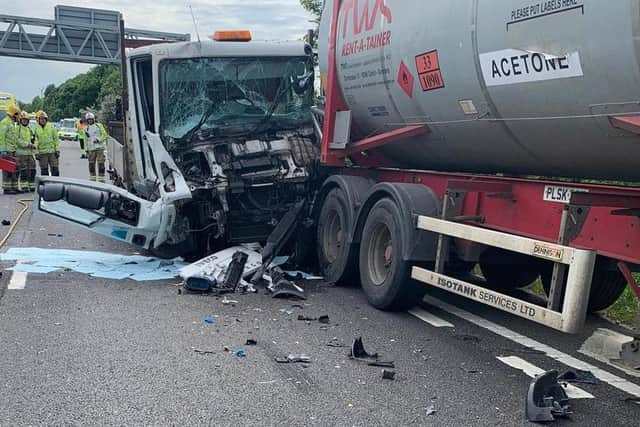 There was tailbacks of up to three hours on the M1 in Derbyshire yesterday, after three lorries crashed on the Junction 29 North Exit Slip. Credit: Derbyshire Roads Policing Unit.