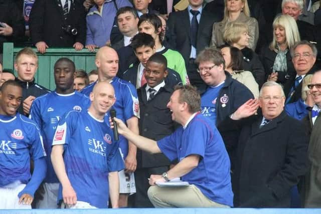 Howard interviewing Derek Niven after Chesterfield's last match at Saltergate against Bournemouth in 2010.