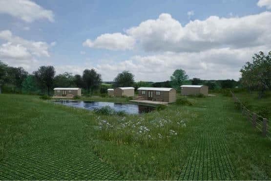 Artist's impression of the shepherd's huts and wildlife pond proposed for land to the east of Wood Cottage, Harper Hill, Wingerworth.