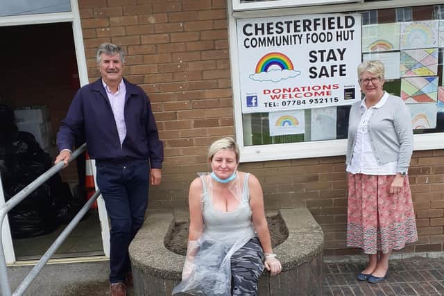Councillor Ron Mihaly with Coun Janice Marriott and volunteer Chell Whiteley outside Chesterfield Community Food Hut's hub.