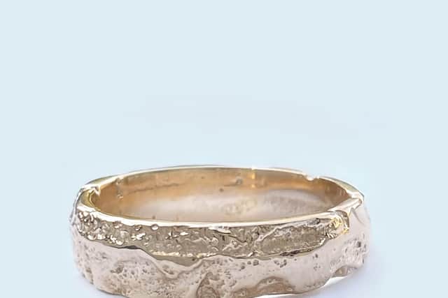 Jane Orton's bold designs are shaped by nature's textures and the built environment. This concrete gold ring was made by melting and remodelling in delft clay unwanted gold jewellery.