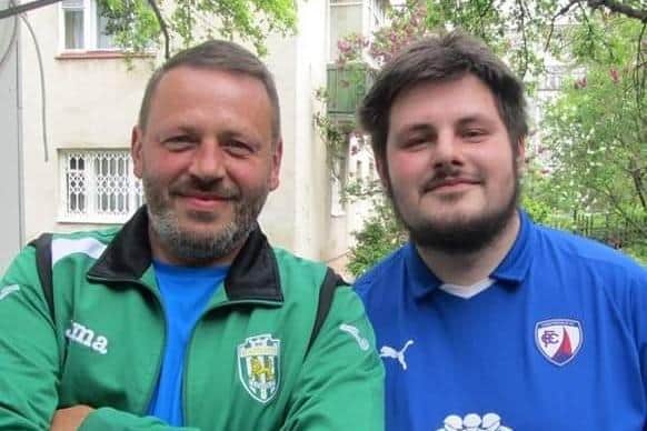 Volodymyr, perhaps the biggest Chesterfield fan in Eastern Europe, with his father in Lviv.