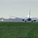 The footage was captured at East Midlands Airport amid gusts of more than 100mph across Britain.