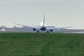 The footage was captured at East Midlands Airport amid gusts of more than 100mph across Britain.