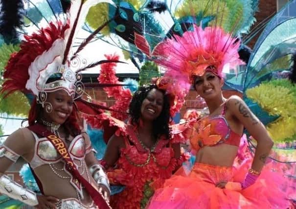 Carnival Queens Sam Hudson, Alice Burton and Charlene Stephenson at Derby Caribbean Carnival 2012 (photo:  Soshain Bali Photography)