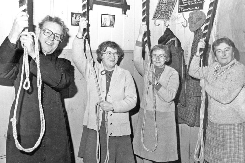 Vicar of St Hilda's, the Rev Jim Vincent and the three Softley sisters who began a family tradition of bellringing. Left to right: Enid, Kath and Brenda in 1981.