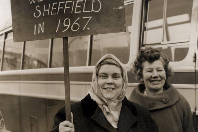 Ivy Standell of Carlton Close, Mosborough, Nr. Sheffield, with an eye-catching placard, that reads 'We stopped Hiteler's long grab in 1939-45 we will stop Sheffield in 1967' arrives