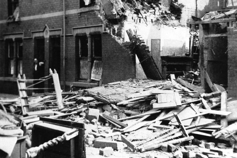 Damage in Faulder Road after an air raid in August 1940. One man, pictured in the doorway, braves the wreckage. Photo: Hartlepool Library Service.