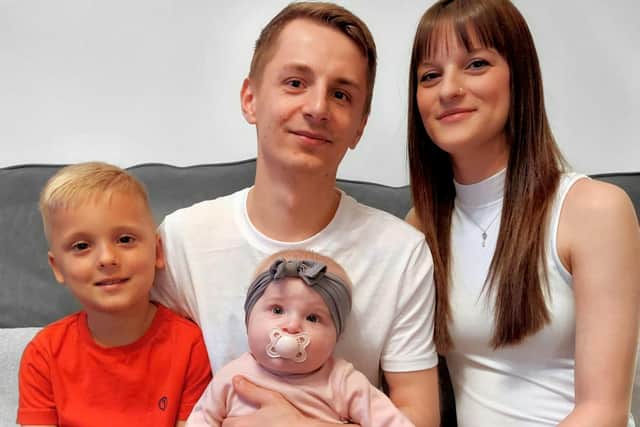 The family are trying to raise £3,000 for a special helmet to cure the baby of flat-head syndrome - after the NHS refused to fund treatment.