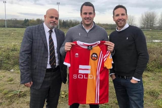 James Rowe (pictured middle) is set to be appointed the new Spireites boss. Picture from Gloucester City, who have confirmed his departure from the club.