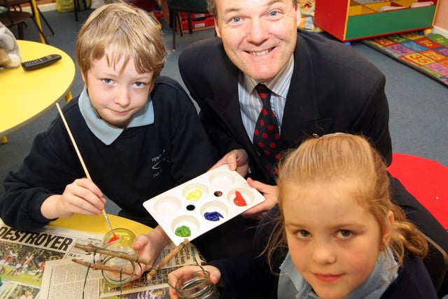 David Mayo-Braiden, headteacher at Newbold C of E School, Chesterfield supervises Andrew Basson and Emily Lister in their lantern making in 2007.