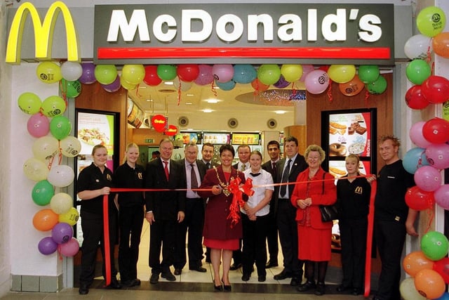 Mayor of Sheffield, Cllr Diane Leek was joined by Sheffield MP, Clive Betts, to officially reopen the McDonald's restaurant at the Oasis, Meadowhall Shopping Centre, following a £300,000 refurbishment, September 2003.