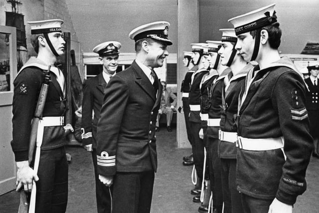 Cdr G Shaw, Area Officer of the Sea Cadet Corp, from Rosyth, inspects the guard of honour at T S Collingwood, during the annual visit. Can you remember this?