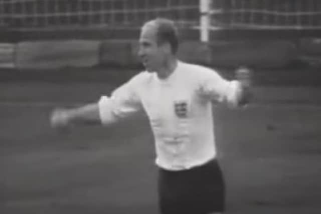 Bobby Charlton celebrating his first goal against Portugal in the World Cup semi-final