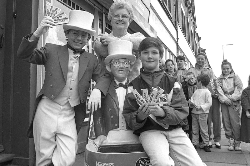 The Milky Bars were on Anne Gordon in 1991 after she was crowned Sunderland’s best newsagent.
Television's Milky Bar Kid Antony Eden was pictured outside Anne's Hylton Road shop as he handed over the prize in the Echo/Nestle’s competition.
