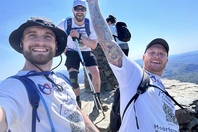 (Left to right): Aden, Jack, and Curtis tackled the Three Peaks Challenge in aid of Ashgate Hospice