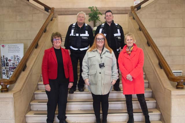 Back (left to right): Malcolm Jarvis (enforcement officer) and Stefan Darmola (enforcement officer).
Front (left to right): Councillor Tricia Gilby (leader of the council), Carly Robins (housing officer – enforcement) and Councillor Jill Mannion-Brunt (cabinet member for health and wellbeing).