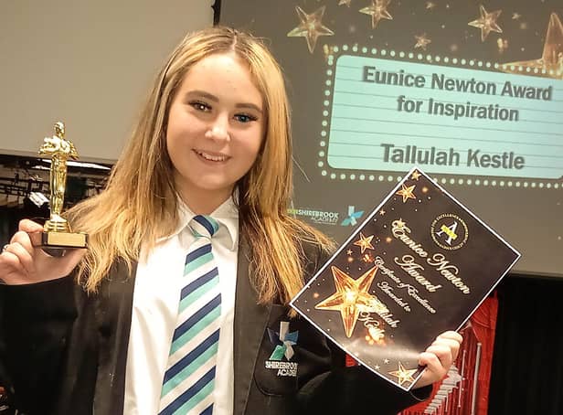 Tallulah Kestle, 13, picked up the inaugural the Eunice Newton Award, when Shirebrook Academy hosted an ACET Oscars event, which rewards students for their hard work, academic prowess and contribution to school life