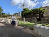 54 large concrete Lego-like blocks were arranged in a narrow channel to allow vehicle access to Mrs Ball’s property. Despite its refusal to provide all other costs, the authority has said these blocks cost £7,700. Image from Eddie Bisknell.