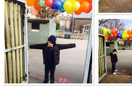Six-year-old Dempsey was given a colourful welcome when he returned to school today!
