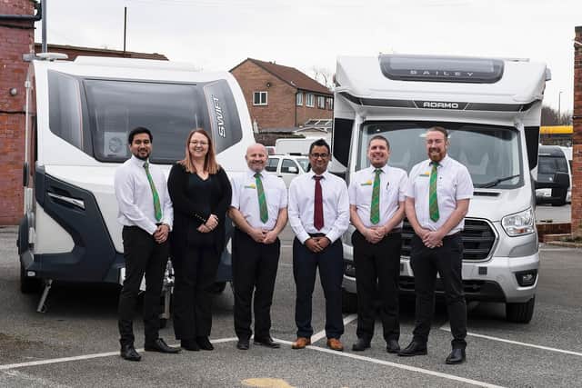 Jordan Singh (sales executive), Leah Kirby (aftersales manager), Jarrod Clay (managing director), Mo Miah (chief finance officer), Lee Ferreday (sales administrator), Brian Hayes (sales executive) at Robinsons Caravans, Ringwood Road, Brimington. Photo by Leading Imagery/Andy Hibberd