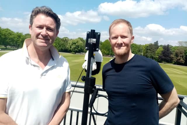 Chesterfield Cricket Club vice-chairman Tim Kirk, left, and chairman Nigel Mallender with the live-stream camera
