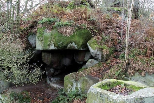 Rowtor Rocks at BIrchover is a collection of tunnels and caves. The stones have been fashioned to resemble thrones, altars and steps and rocks are carved with symbols and pictures including serpents, circles and cups.