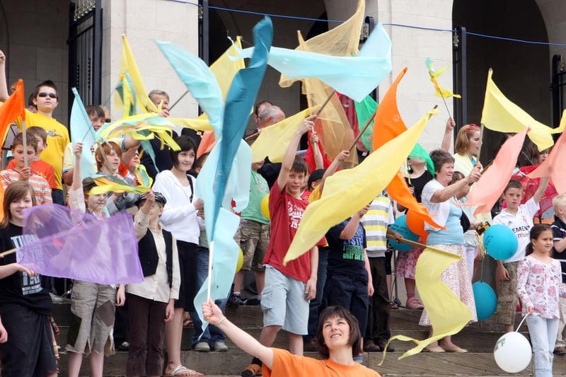 Waving on the Procession of Witness in Chesterfield town centre.