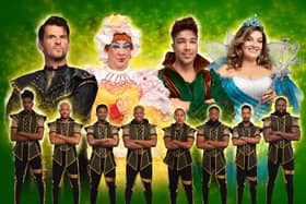 Tristan Gemmell (playing Sheriff of Nottingham), Matthew Kelly (the Dame), Matt Terry (Robin), Jodie Prenger (Spirit of Sherwood) and dance troupe Flawless (Merry Men) in Robin Hood at Theatre Royal, Nottingham.