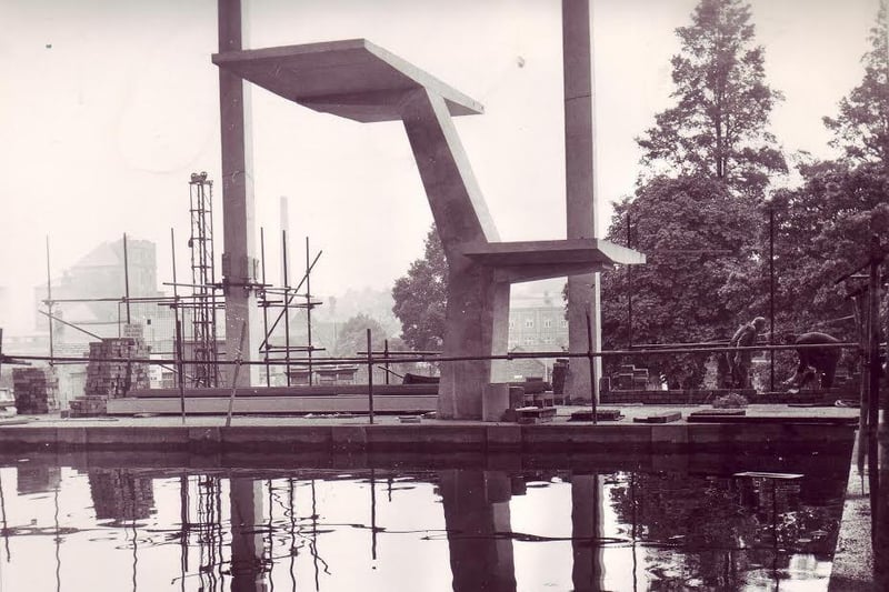 The diving board is firmly in position but the water was rather murky as the building of Chesterfield Swimming Pool continued. The picture was taken in August 15, 1968.
