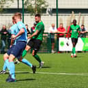 Player-boss Tom Ward fires home his goal in the win over Newark. Photo: Steve W Davies Photography.