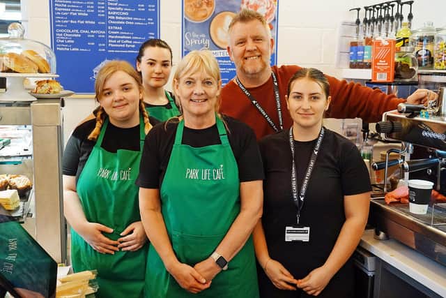 Megan Hall, Hazel McCarthy, Jazz Buxton, Darren Sparrow-Steels (manager) and Hazel Collin welcome customers to Park Life Café at Swiss Tea Rooms in Belper River Gardens.
