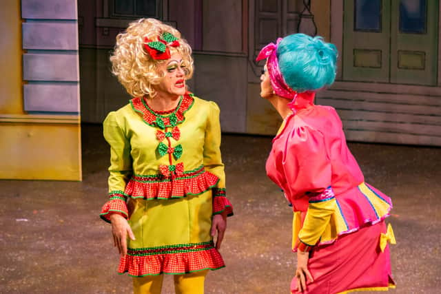 James Holmes, pictured left in his guise as an Ugly Sister, found the benefit of wearing false eyelashes in the panto Cinderella at Buxton Opera House in 2019 (photo: David John King).