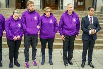 Gracie's family at the conclusion of her inquest outside Chesterfield Coroner's Court, with solicitor Sajad Chaudhury