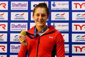 Gold medalist Imogen Clark poses with the medal won in the Womens Open 50m Breaststroke final at the British Swimming Championships in 2017. She won a silver in the same event at the 2022 Commonwealth Games.