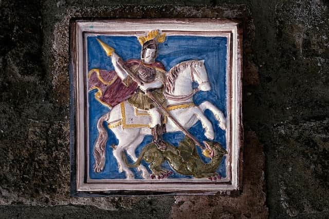 "​As slayer of the dragon, St George clearly belongs to ‘hero myth’. In many versions of his story, he rescues a princess who is about to be sacrificed to a monster which is also threatening to lay waste the country”, says writer Laurence Coupe.